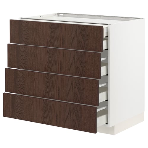 Modern METOD cabinet, dark brown, wood edging, 4 soft-close drawers.