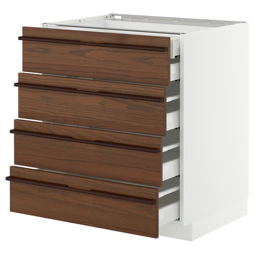 METOD kitchen unit with dark brown ash veneer, white sides, four wooden drawers, sleek handles.