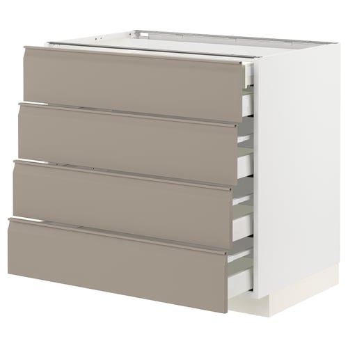 METOD kitchen unit with 4 grey-beige drawers. Modern design, matte finish, integrated handles.