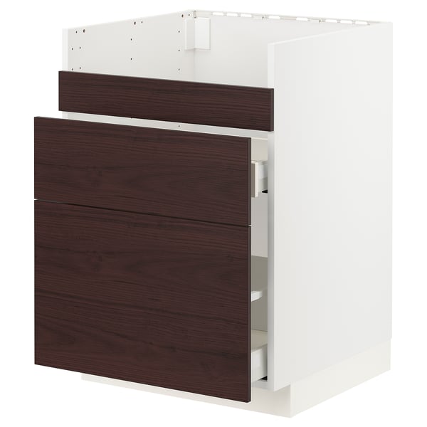 METOD / MAXIMERA Base cb f HAVSEN snk/3 frnts/2 drws, white Askersund/dark brown ash effect, 60x60x80 cm