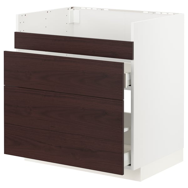 METOD / MAXIMERA Base cb f HAVSEN snk/3 frnts/2 drws, white Askersund/dark brown ash effect, 80x60x80 cm