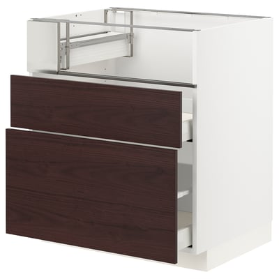 METOD / MAXIMERA Base cb f hob/fish grill/2 drawers, white Askersund/dark brown ash effect, 75x60x80 cm