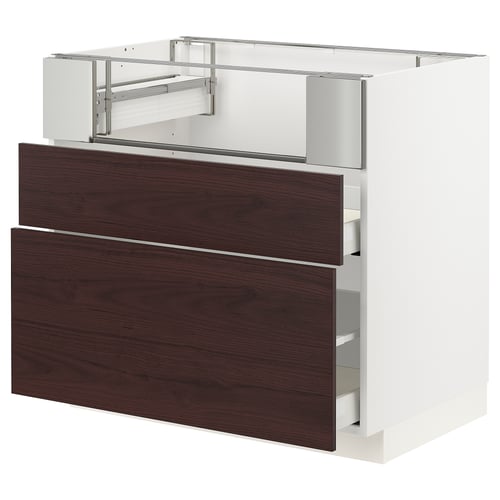 A dark brown wooden kitchen cabinet with two drawers and a filler piece. Its part of the METOD kitchen system.