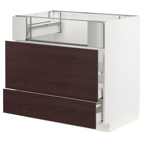 Modern kitchen unit, dark brown and white with drawers.