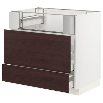 METOD / MAXIMERA Base cb f hob/fish grill/2 drawers, white Askersund/dark brown ash effect, 90x60x80 cm