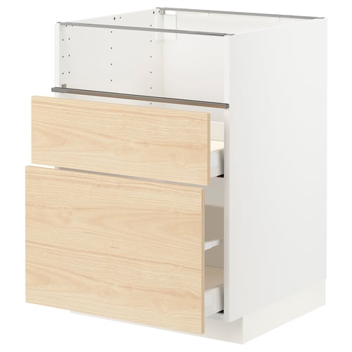 METOD kitchen unit with light ash wooden drawers and white frame.