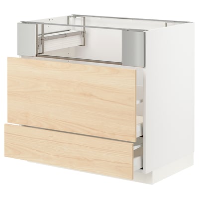 METOD / MAXIMERA Base cb f hob/fish grill/2 drawers, white/Askersund light ash effect, 90x60x80 cm