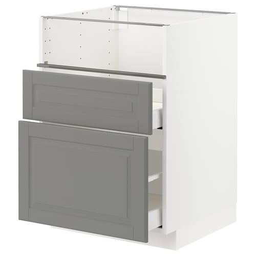 A grey METOD kitchen cabinet with two drawers and a shelf. The design is traditional with a smooth, soft-close drawer system.