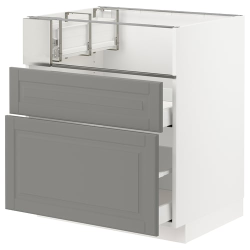 Modern grey kitchen cabinet with soft-close drawers, white frame.