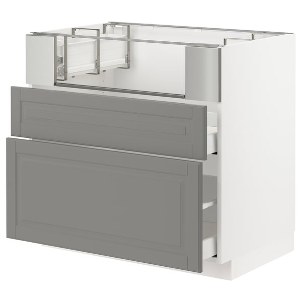 METOD / MAXIMERA Base cb f hob/fish grill/2 drawers, white/Bodbyn grey, 90x60x80 cm