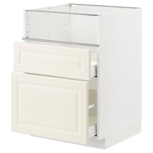 A white METOD kitchen cabinet with two drawers and a cupboard, featuring off-white bodbyn fronts with bevelled edges.
