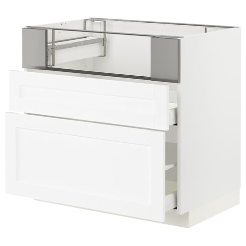 This image shows a white METOD kitchen cabinet with multiple drawers and a sleek design.