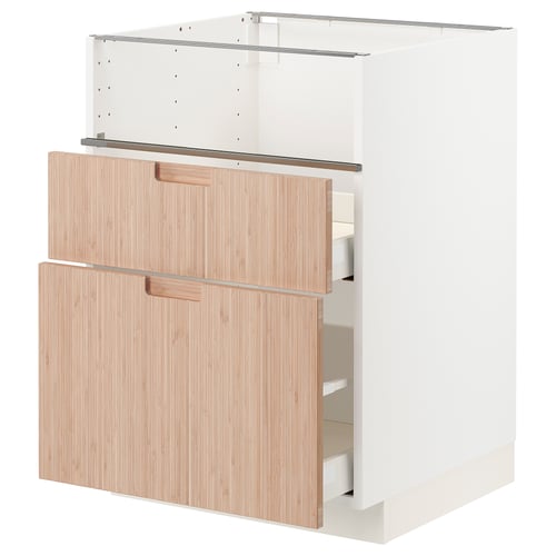 Modern kitchen cabinet, white & bamboo. 2 drawers, sleek design.
