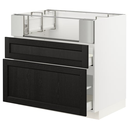 A modern white kitchen cabinet with black stained wood drawers. It full-extension, soft-close drawers and a sturdy frame.