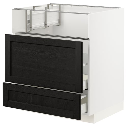 Modern kitchen: white & black cabinets, wooden drawers.