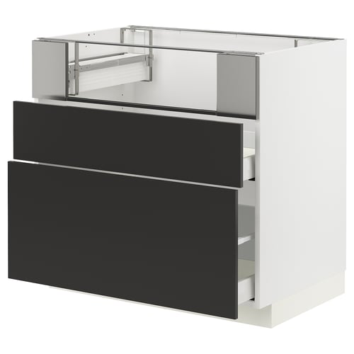 Modern METOD kitchen cabinet, matt black, 2 drawers, particleboard, metal frame.