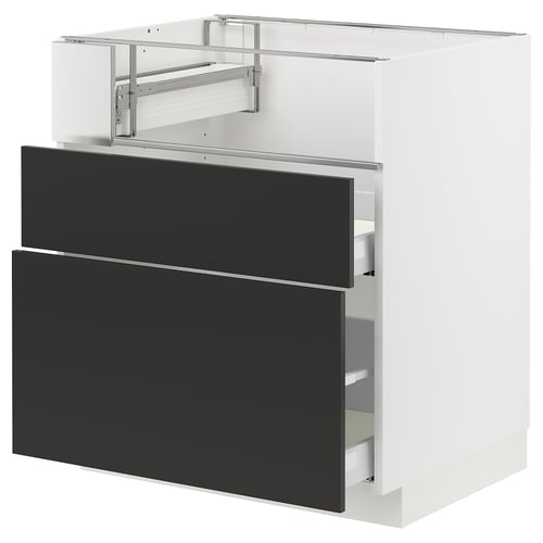 An ikea METOD kitchen cabinet with black nickebo drawers. Its white, rectangular, and modern design with smooth drawer fronts and metallic handles.