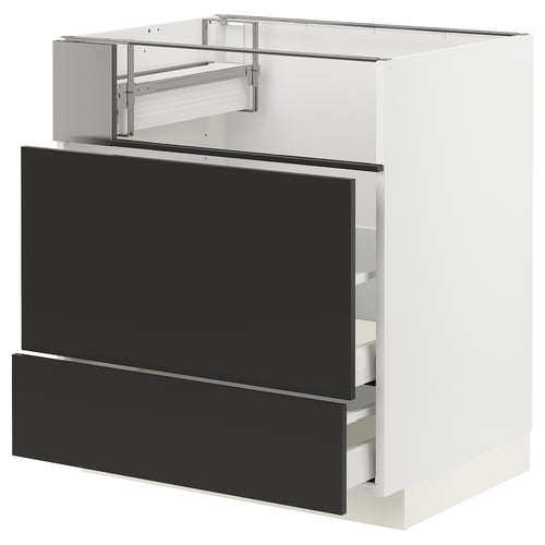 A modern, white METOD kitchen unit with black drawers. The unit pull-out drawers and robust construction, designed for a sleek, contemporary kitchen.