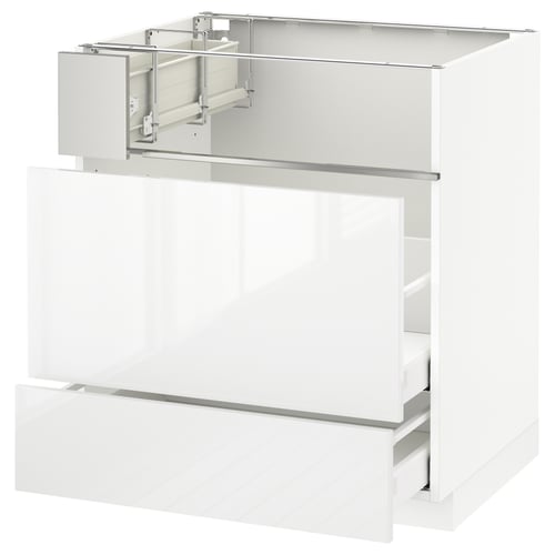 Modern white high-gloss kitchen cabinet with smooth drawers.