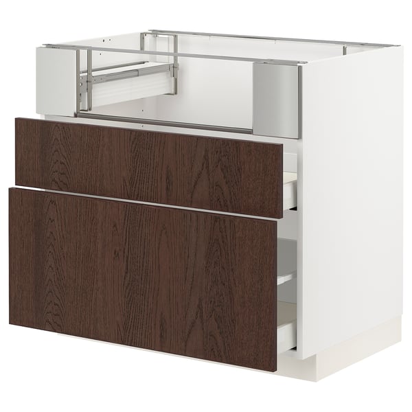 METOD / MAXIMERA Base cb f hob/fish grill/2 drawers, white/Sinarp brown, 90x60x80 cm