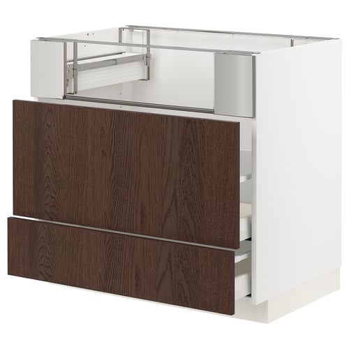 METOD kitchen unit: white base, dark brown wood drawers, stainless steel handles.