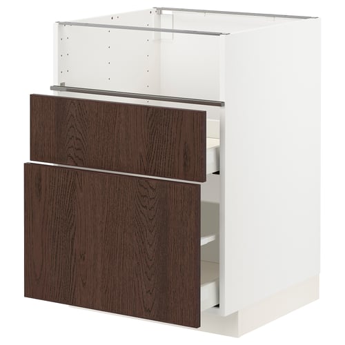 White and dark brown METOD kitchen unit with wooden drawers.