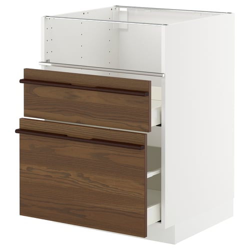 METOD kitchen cabinet, white and dark wood, three drawers, sleek handles.
