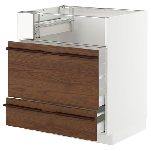 Modern kitchen unit, METOD brand, white and brown, with dark wood drawers, two visible drawers, sleek design, stainless steel hardware.