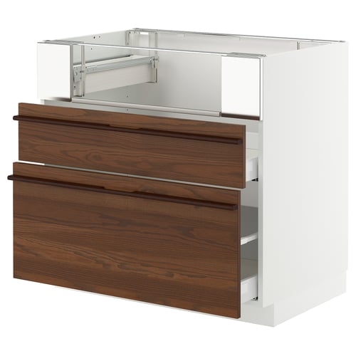 Modern kitchen unit, white with dark brown drawer fronts, metal handles, two drawers.