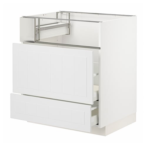 A white METOD kitchen cabinet with two drawers and an open compartment at the top, featuring a sleek and modern design.
