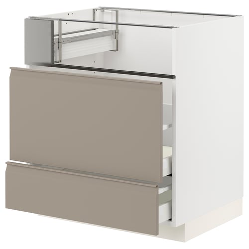 Modern kitchen cabinet, beige with grey, minimalist design, full-extension drawer.