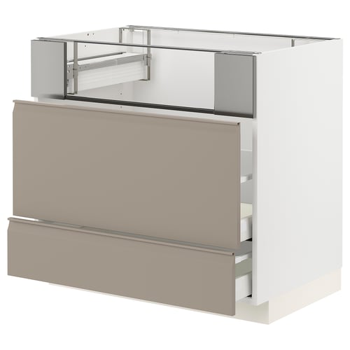 Modern kitchen cabinet in beige with two drawers, sleek handles, and stainless steel frame.