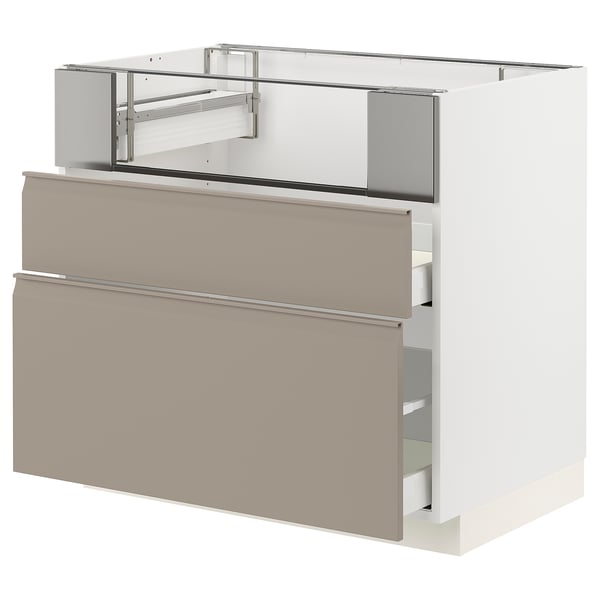 METOD / MAXIMERA Base cb f hob/fish grill/2 drawers, white/Upplöv matt dark beige, 90x60x80 cm
