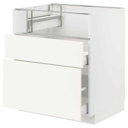 White METOD kitchen cabinet with vallsteña fronts, smooth drawer, sturdy construction.