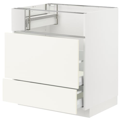 White METOD kitchen cabinet with two drawers and open shelf.