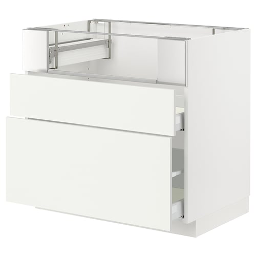 White METOD kitchen cabinet with 2 drawers and open top shelf, sleek modern design.