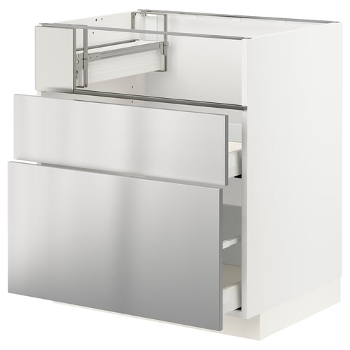 White and stainless steel kitchen unit with drawers and metallic handles, modern design.