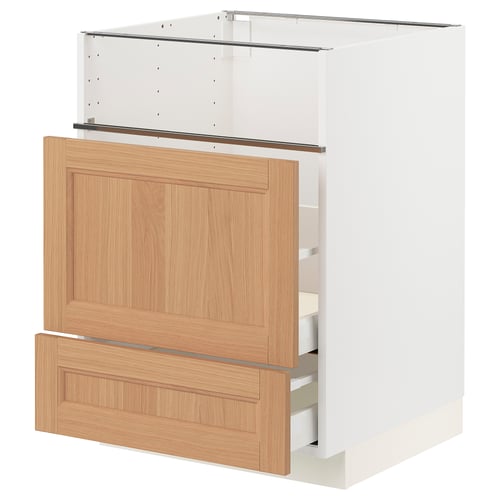 Modern kitchen cabinet: METOD by IKEA. White frame, oak drawers, wooden texture, rectangular shape.