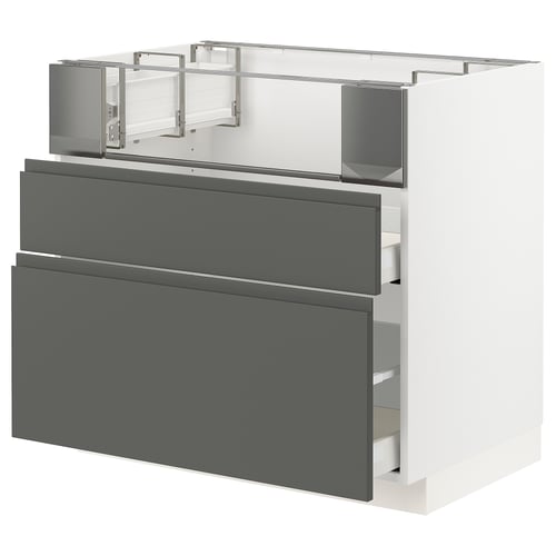 A modern grey kitchen cabinet with drawers from IKEAs METOD series. It a sleek, dark grey finish with metallic handles.