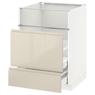 METOD / MAXIMERA Base cb f hob/fish grill/2 drawers, white/Voxtorp high-gloss light beige, 60x60x80 cm