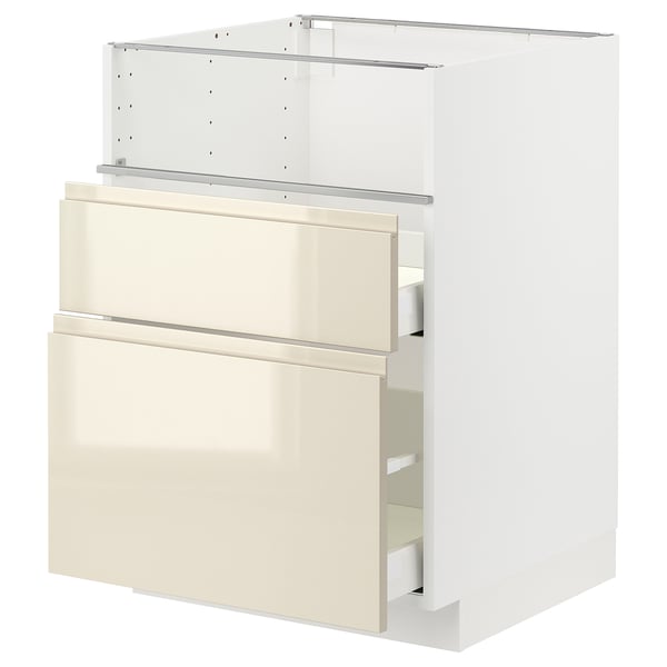 METOD / MAXIMERA Base cb f hob/fish grill/2 drawers, white/Voxtorp high-gloss light beige, 60x60x80 cm