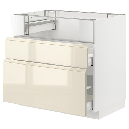 Modern kitchen cabinet, white-beige, glossy finish, sleek design, two drawers, metal handles.