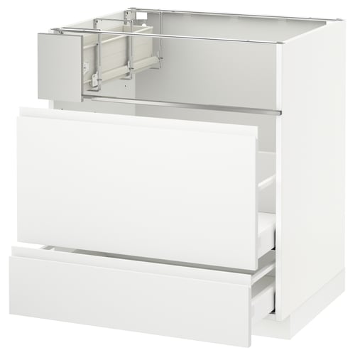 White METOD kitchen cabinet, matte finish with minimalist design, featuring multiple drawers.