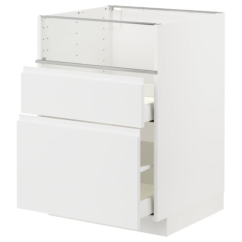 A white METOD kitchen cabinet with integrated handles, featuring drawers and a frame.