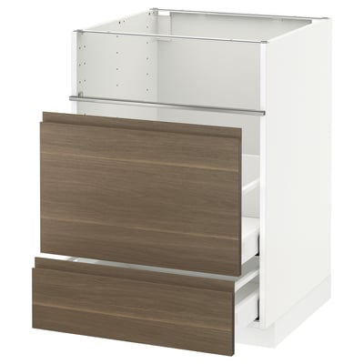 METOD / MAXIMERA Base cb f hob/fish grill/2 drawers, white/Voxtorp walnut, 60x60x80 cm