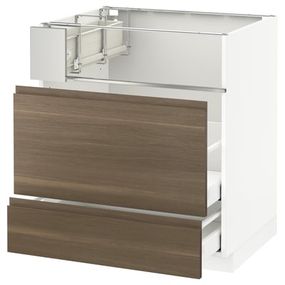 METOD / MAXIMERA Base cb f hob/fish grill/2 drawers, white/Voxtorp walnut, 75x60x80 cm
