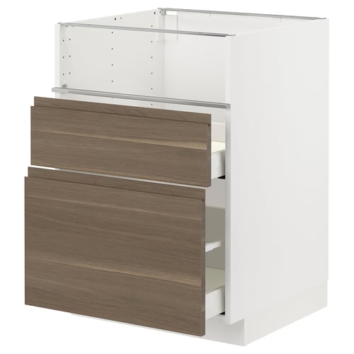 METOD kitchen cabinet in white with dark walnut effect drawers.