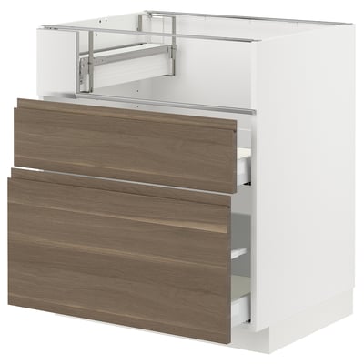 METOD / MAXIMERA Base cb f hob/fish grill/2 drawers, white/Voxtorp walnut, 75x60x80 cm