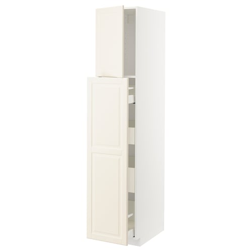 White METOD kitchen cabinet set with tall unit, adjustable shelves, and pull-out drawer.
