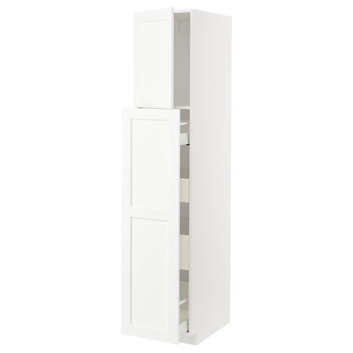 Modern white kitchen cabinet with two doors, one adjustable shelf, and pull-out drawer. Sleek, clean design and sturdy construction.